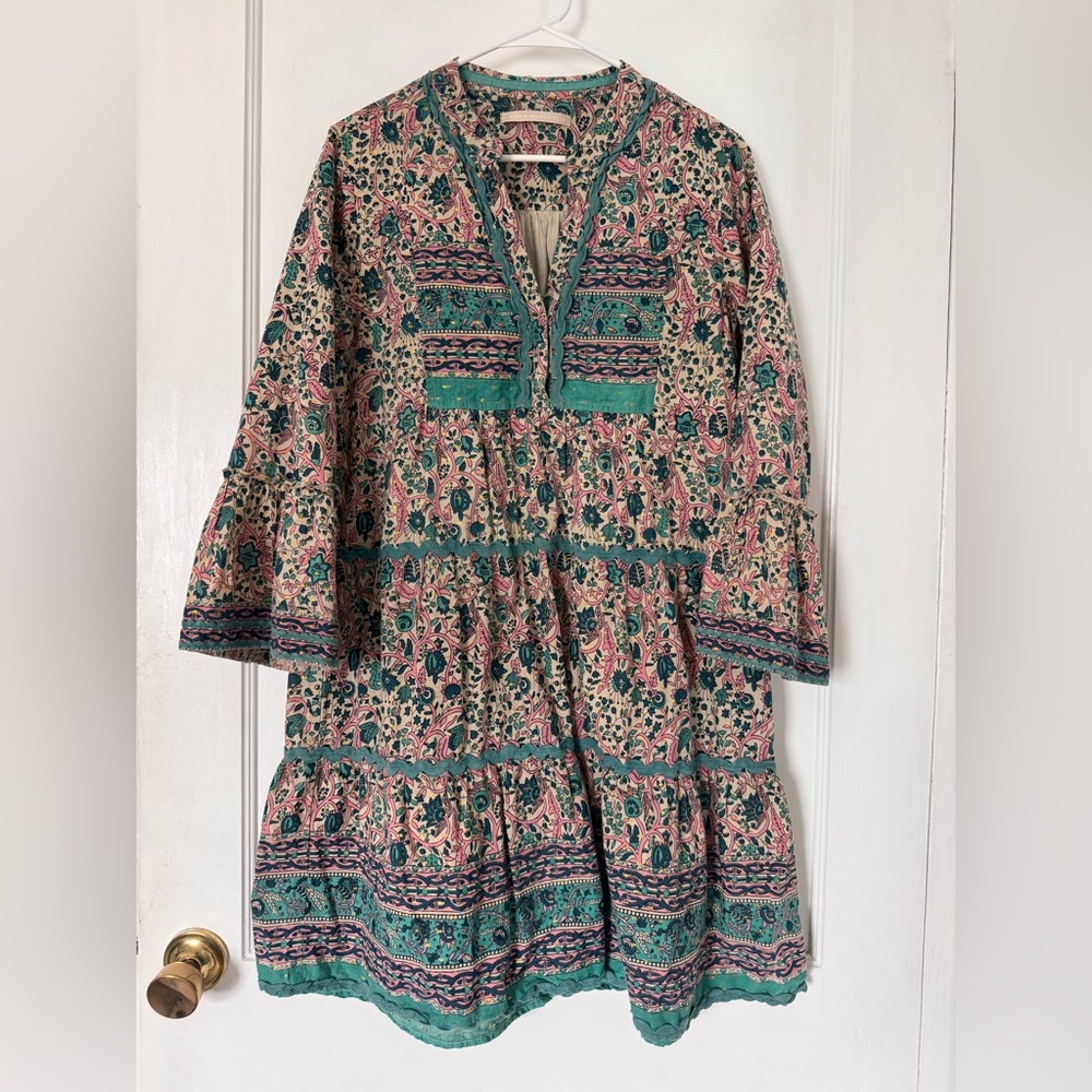 Lola Australia Floral Tiered Dress with Gold Accents & Ricrac Trim, Size Medium